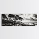 Windswept Pines, Stormy Sea, Moody Coastal Scene, Framed Canvas Print, Rustic Nature Decor, Bedroom Wall Art, Autumn Vibes