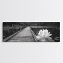 Water Lily, Peaceful Pond, Wooden Dock, Framed Canvas Print, Zen Wall Art, Meditation Room Decor, Black and White Nature Art