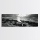 Driftwood Fire, Coastal Sky, Ocean Mood, Fall Campfire, Framed Canvas Print, rustic lake decor, bohemian fireplace art, nature wall accent