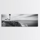 Lighthouse Serenity, Coastal Fog, Ocean Horizon, Canvas Print, Black and White Decor, Office Wall Art, Nautical Theme, Moody Photography