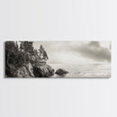 Windy Pines, Rocky Shoreline, Ocean Wilderness, Canvas Print, Vintage Nature Photography, Hallway Wall Art, Outdoor Adventure Vibe
