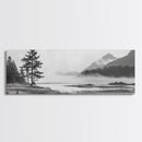 Foggy River Valley, Evergreen Mountains, Morning Mist Landscape, Framed Canvas Print, Tranquil Bedroom Art, Nature Inspired Decor