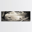 Serene Bench, Ocean View, Tropical Shoreline, Framed Canvas Print, Tranquil Beach Art, Entryway Decor, Nature Photography Wall Art