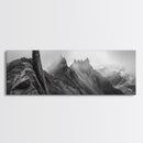 Jagged Peaks, Foggy Mountains, Dramatic Range, Canvas Print, Monochrome Wilderness Art, Office or Cabin Wall Decor, Adventure Style