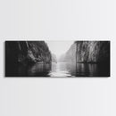 Misty Canyon, River Passage, Tranquil Adventure, Canvas Print, Nature Escape Wall Art, Zen Office Decor, Moody Black and White Style