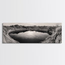 Desert Pool, Reflected Sky, Rugged Terrain, Monochrome Minimalism, Framed Canvas Print, Earthy Wall Art, Neutral Bedroom Decor
