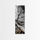 Weathered Tree, Coastal Roots, Dramatic Sky, Natural Form – Canvas Print, Living Room Wall Art, Monochrome Photography, Driftwood Decor