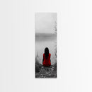 Solitude Reflection, Red Dress Woman, Tranquil Mood, Autumn Lake Scene, Framed Canvas Print, Mindful Art, Bedroom Wall Decor