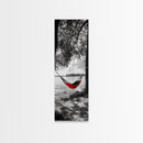 Red Hammock Escape, Nature Lake Art, Serene Moment, Outdoor Vibes, Framed Canvas Print Rustic Bedroom Wall Art, Minimalist Landscape
