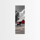 Red Barn, Black Horse, Country Charm, Rustic Farm Framed Canvas Print, farmhouse wall decor, autumn art, rustic bedroom wall art