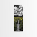 Yellow Field, Mountain Trail, Alpine Meadow, Bright Sky Framed Canvas Print, nature lover gift, landscape wall decor, cabin wall art