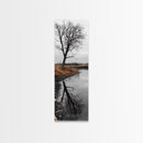 Bare Tree, Marsh Reflection, Autumn Tones, Moody Nature Framed Canvas Print, fall farmhouse wall art, rustic entryway decor, office wall art