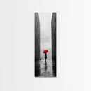 Red Umbrella, Rainy Day, Urban Silhouette, Framed Canvas Print, Minimalist Wall Art, Modern Entryway Decor, Monochrome Mood