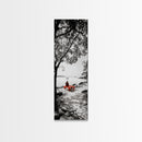 Lonely Figure, Red Bench, Reflective Scene, Peaceful Beach Wall Art, Framed Canvas Print, Black and White Photography, Zen Room Decor