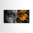 Eyes, Autumn, Leaves, Emotional duality in surreal leaf-face art on this Framed Canvas Print, Fall Decor and Unique Modern Living Room Art