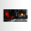 Fireplace, Red Chair, Cozy firelight and bold red accent chair on this Framed Canvas Print, Cozy Fall Living Room Art, Cabin Decor Accent