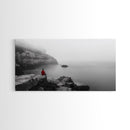 Red Hoodie, Ocean Cliff, Misty Silence, Framed Canvas Print, Minimalist Solitude Art, Mental Health Awareness, Bedroom Wall Decor, Calm Scene