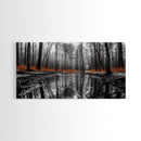 Reflected Forest, Orange Leaves, Tranquil River, Monochrome Fall, Canvas Print, Rustic Decor, Bedroom Wall Art, Woodland Scene