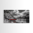 Red Sailboat, Rocky Cove, Tranquil Water, Coastal Escape, Canvas Print, Nautical Wall Art, Minimalist Seaside Style, Black White Art