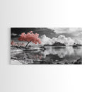 Pink Tree, Island Dreams, Serene Water, Tropical Sky, Framed Canvas Print, Boho Wall Art, Bedroom Decor, Black and White Landscape
