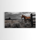 Rustic Horse, Country Fence, Western Scene, Moody Skies – Framed Canvas Print, Farmhouse Wall Art, Autumn Decor, Cabin Living, Cowboy Vibe
