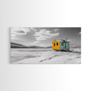 Yellow Cabin, Frozen Lake, Snowy Escape, Winter Minimalism – Framed Canvas Print, Scandinavian Wall Art, Cozy Living Room, Nordic Style
