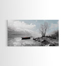 Solitary Boat, Alpine Lake, Tranquil Shore, Winter Silence – Canvas Print, Minimalist Wall Art, Bedroom Decor, Scandinavian Aesthetic