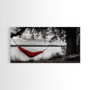 Red Hammock, Lakeside View, Tranquil Nature, Tree Shade, Framed Canvas Print, Boho Wall Art, Bedroom Decor, Relaxing Forest Landscape