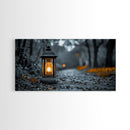 Lantern Glow, Forest Trail, Autumn Leaves, Soft Light, Framed Canvas Print, Fall Wall Art, Rustic Entryway Decor, Nature Photography Print