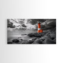 Red Lighthouse, Stormy Sea, Rocky Shore, Moody Coastal, Framed Canvas Print, Nautical Wall Art, Dramatic Bathroom Decor, Ocean Vibes