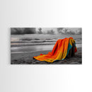 Towel Beach, Ocean Breeze, Coastal Comfort, Relaxing Seascape, Framed Canvas Print, Bathroom Wall Art, Bold Colors, Summer Vibes