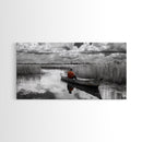 Solitary Canoe, Peaceful Waters, Cloudy Sky, Red Shirt, Framed Canvas Print, Nature Explorer Gift, Cabin Wall Art, Rustic Fall Scene