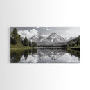 Serene Lake, Snowy Peaks, Forest Reflection, Canvas Print, Nature Photography, Modern Living Room Art, Black White Green Decor