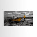 Yellow Boat, Lonely Man, Moody Shore, Framed Canvas Print, Coastal Wall Art, Nautical Decor, Masculine Home Office Style