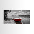 Rustic Boathouse, Red Canoe, Lake Reflection, Tranquil Nature, Framed Canvas Print, Cabin Wall Art, Autumn Lake House Decor