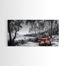 Red Picnic Table, Lakeside Spot, Forest Escape, Outdoor Moment, Framed Canvas Print nature wall art, rustic cabin decor, adventure print
