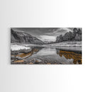 Snow River Scene, Winter Landscape, Peaceful Stream, Framed Canvas Print, Rustic Cabin Decor, Nature Wall Art, Minimalist Winter Aesthetic