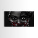 Fierce Eyes, Red Bandana, Bold Portrait, Afro Art, Framed Canvas Print, Bedroom Wall Art, Powerful Gaze, Monochrome With Red Accent