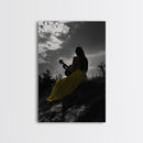 Yellow Dress, Guitar Girl, Sunset Silhouette Scene, Framed Canvas Print, Boho Music Lover Wall Art, Bedroom Fall Vibes Decor