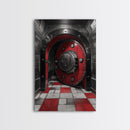 Red Vault Door, Industrial Style, Bold Security, Framed Canvas Print, Urban Interior Wall Art, Game Room Decor, Steampunk Vibes