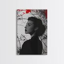 Noir Beauty, Red Accent Leaves, Dramatic Woman Profile, Framed Canvas Print, Glamour Wall Art, Gothic Bedroom Decor, Monochrome Style