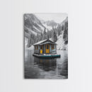 Winter Cabin, Floating House, Snowy Pines, Mountain Lake, Canvas Print, Minimalist Winter Wall Art, Cabin Decor, Neutral Nature Scene