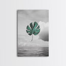 Monstera Leaf, Ocean Breeze, Tropical Minimalism, Floating Leaf, Framed Canvas Print, Modern Bathroom Art, Boho Decor, Tropical Wall Art