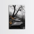 Stone Path, Autumn Trail, Moody Forest, Yellow Leaves, Canvas Print, Fall Nature Wall Art, Rustic Entryway Decor, Misty Woodland Scene