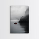Red Boat, Foggy Coast, Seaside Cliff, Misty Water, Canvas Print, Moody Nautical Wall Art, Minimalist Ocean Decor, Scandinavian Style Art