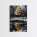 Golden Tree, Forest Reflection, Autumn Pond, Tranquil Waters, Canvas Print, Fall Nature Wall Art, Zen Bathroom Decor, Minimalist Art