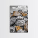 Golden Boulders, Earthy Texture, Nature Stones, Framed Canvas Print, Industrial Office Wall Art, Minimalist Landscape, Rock Photography