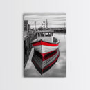Red Fishing Boat, Harbor Calm, Nautical Charm, Canvas Print, Coastal Kitchen Wall Art, Maritime Theme, Seaside Decor, Rustic Water Scene