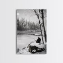 Winter Fishing, Snowy River, Peaceful Solitude, Canvas Print, Cabin Wall Art, Rustic Outdoor Decor, Black White Nature Photography