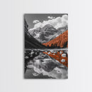 Mountain Reflections, Autumn Pines, Glacial Water Scene, Framed Canvas Print, Fall Landscape Wall Art, Nature Lover Home Decor